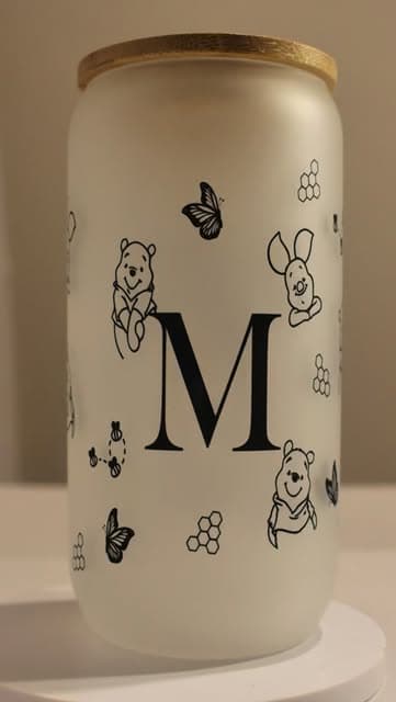 Frosted custom glass cup with monogram and Winnie the Pooh design